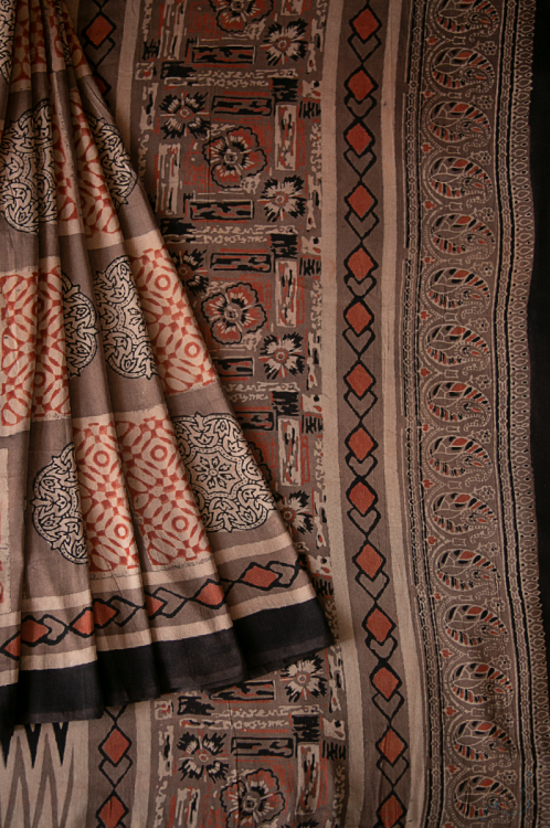 Ajrakh Block Printed Chanderi Silk Cotton Sari