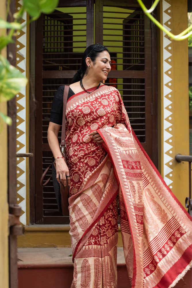 
                  
                    Linen Silk Mulberry Block Print Saree
                  
                