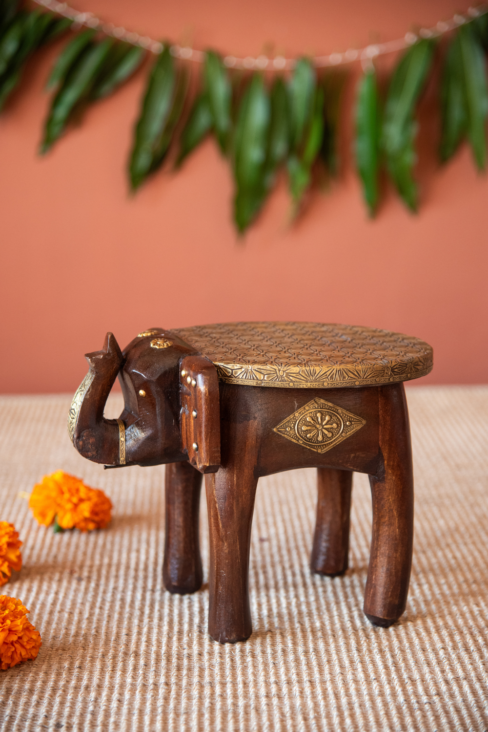 Wooden Elephant Stool Brass Ftd