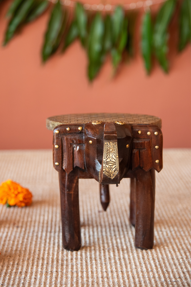 
                  
                    Wooden Elephant Stool Brass Ftd
                  
                