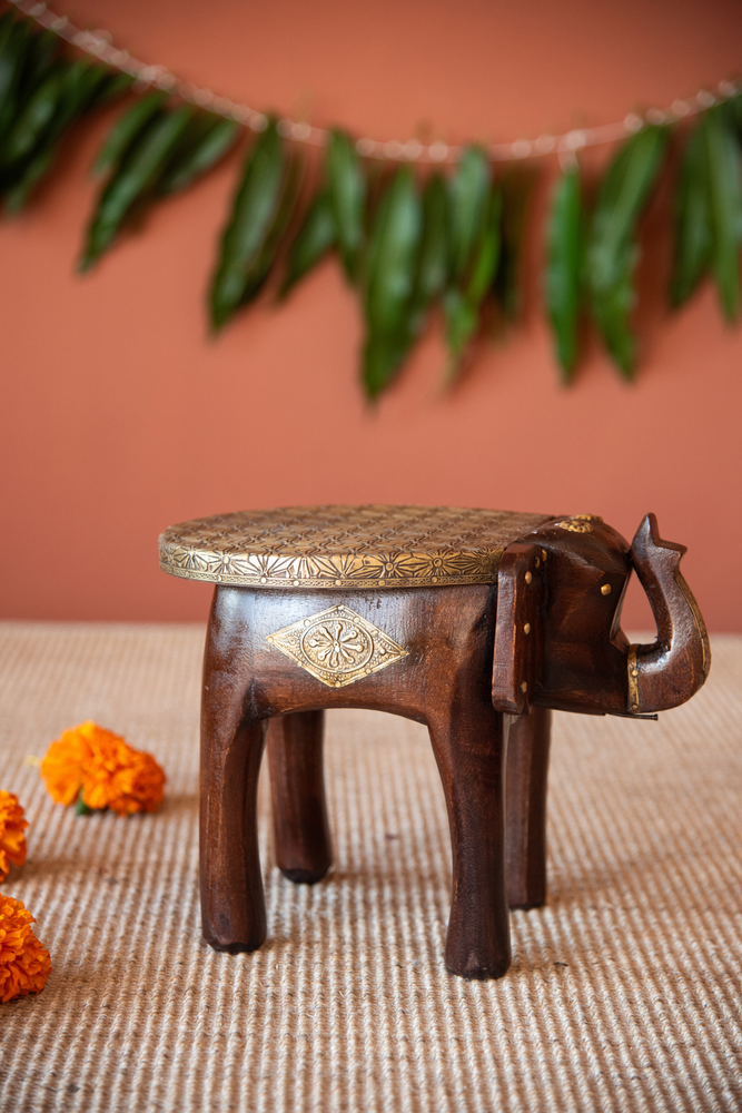 
                  
                    Wooden Elephant Stool Brass Ftd
                  
                