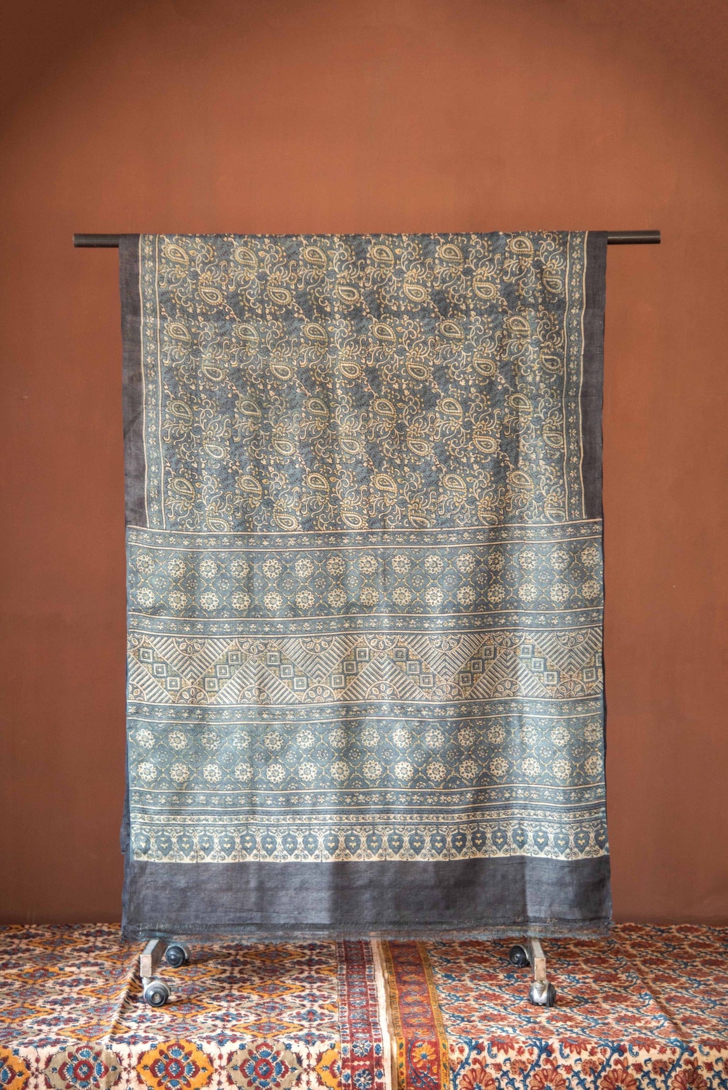 
                  
                    Tussar Ajrakh Hand Block Printed Sari
                  
                