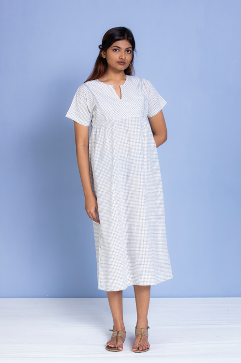 Kriya – White Handloom Cotton Long Pleated Dress
