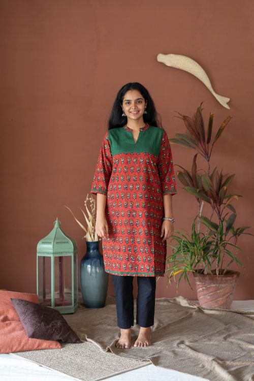 Cotton Colour Yoke Kurta - 3/4 Sleeve