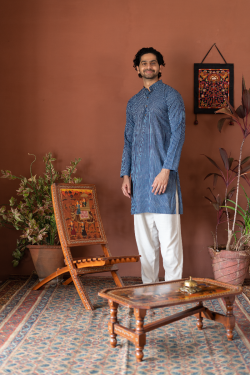 
                  
                    Handwoven Indigo Blue Cotton Long Kurta Full Sleeve - Slim Fit
                  
                