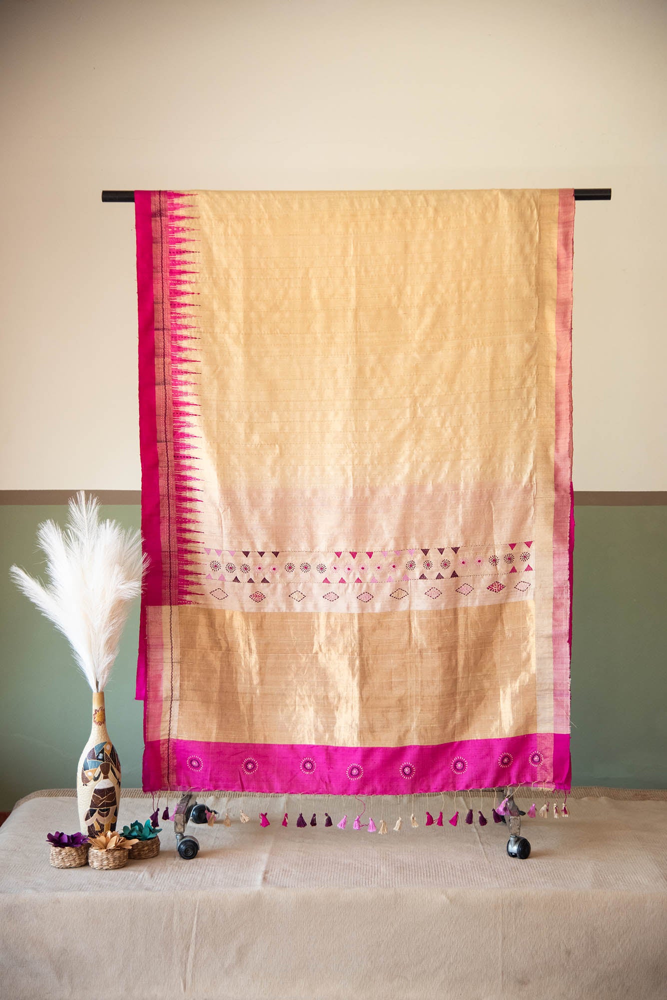 
                  
                    TUSSAR SILK  LAMBADI WORK SAREE
                  
                