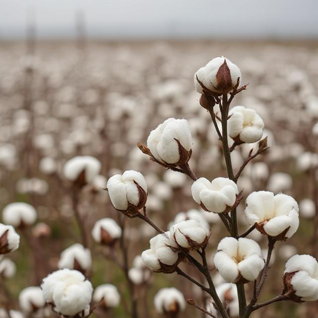 Close-up of white cotton bolls on a cotton plant in a field, with rows of cotton stretching into a blurred background.