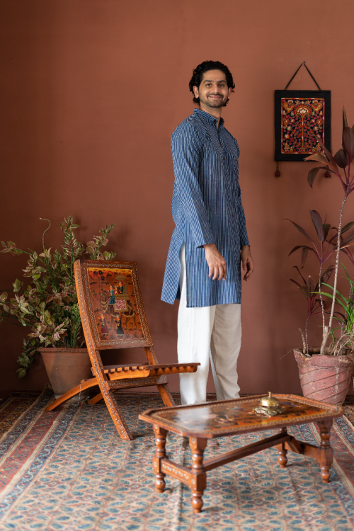 
                  
                    Handwoven Indigo Blue Cotton Long Kurta Full Sleeve - Slim Fit
                  
                