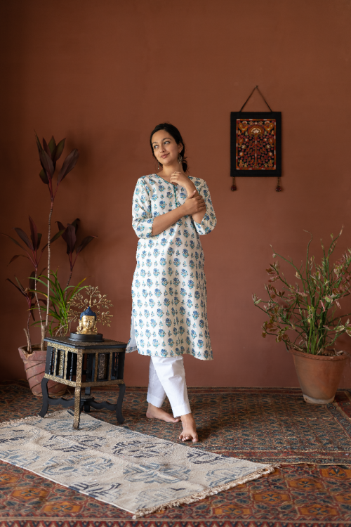 Silk Cotton Long Kurta - 3/4 Sleeve