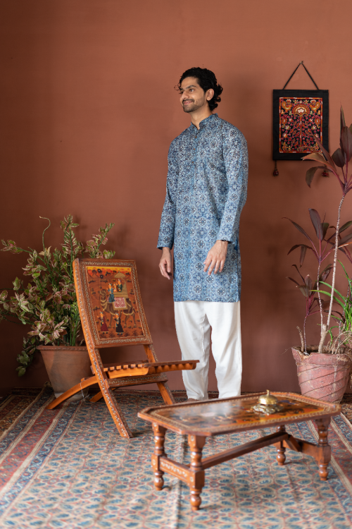 
                  
                    Handwoven Block Printed Cotton Long Kurta Full Sleeve - Slim Fit
                  
                