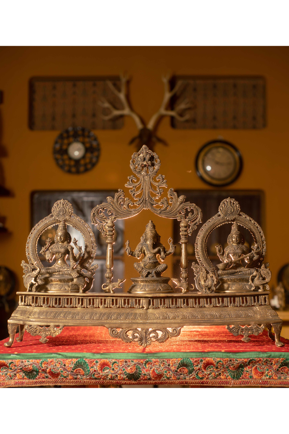 Brass Seated Lakshmi, Ganesha & Saraswathi