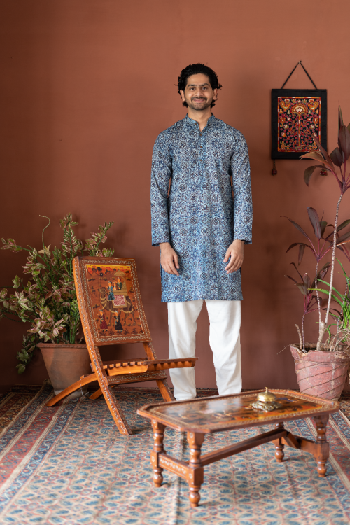 Handwoven Block Printed Cotton Long Kurta Full Sleeve - Slim Fit