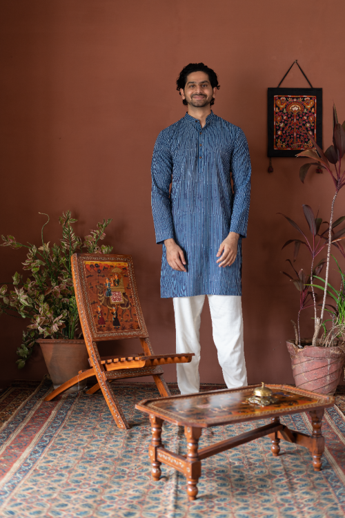 Handwoven Indigo Blue Cotton Long Kurta Full Sleeve - Slim Fit