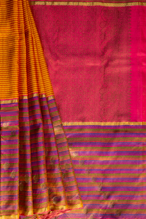 
                  
                    Hand-woven Kanjiavaram silk sari - Yellow and Pink
                  
                