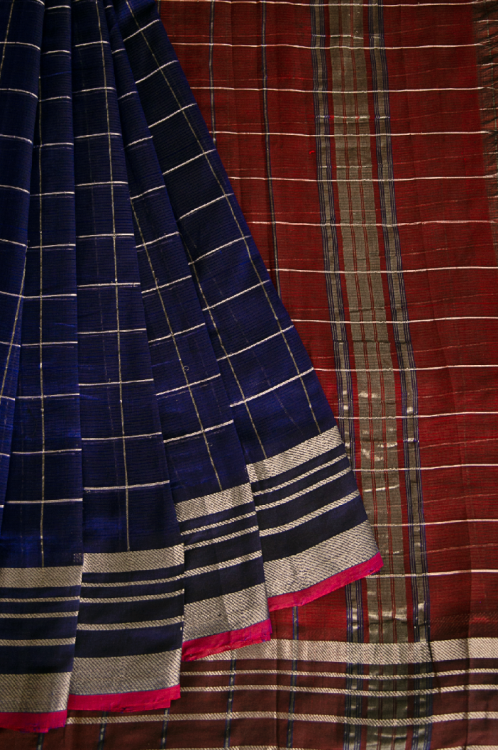 Mangalagiri silk cotton Chequered Sari - Blue