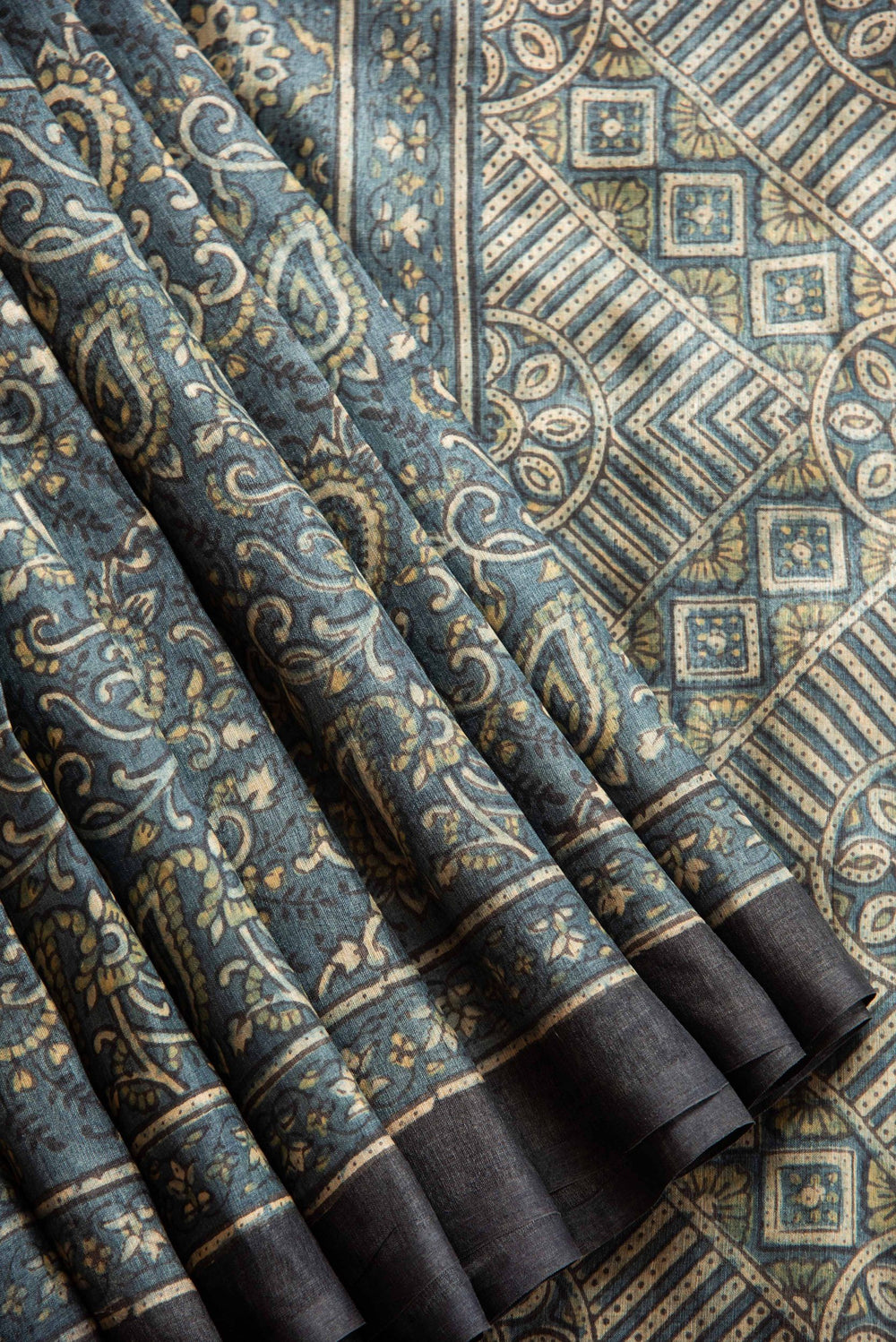 Tussar Ajrakh Hand Block Printed Sari