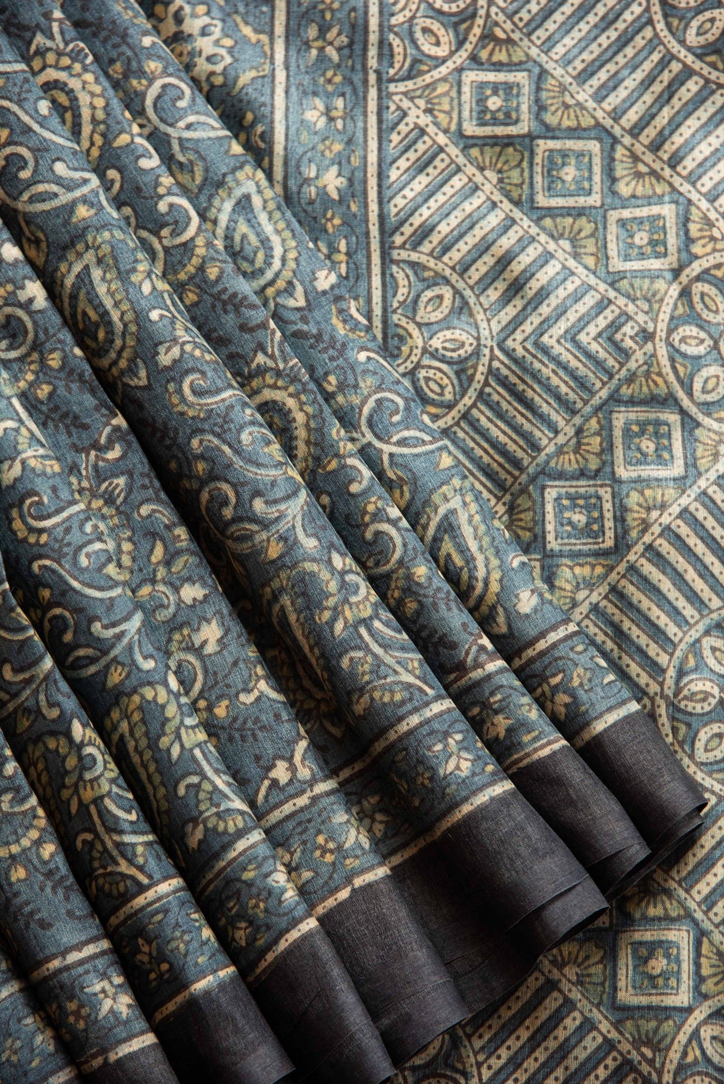 
                  
                    Tussar Ajrakh Hand Block Printed Sari
                  
                